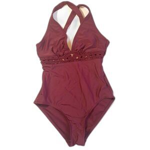 Kona Sol Burgundy Women's Macrame Medium Coverage One Piece Swimsuit Size S